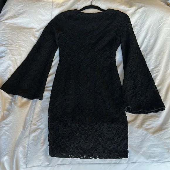 Nightcap black lace mini dress with bell sleeves black cotton lining